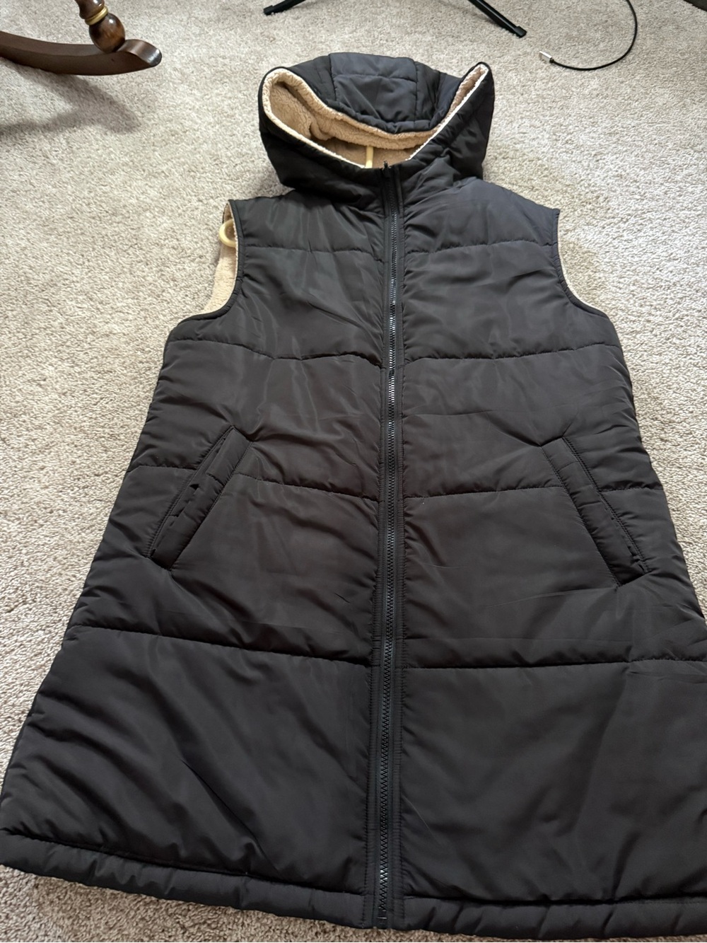 Sleeveless Hooded Puffer Vest in Black with Cream Sherpa Lining